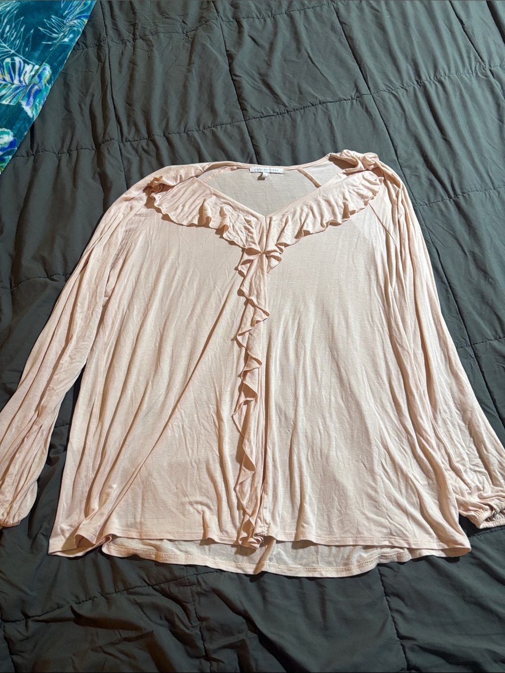 Ruffled V-Neck Long Sleeve Top - Soft Blush